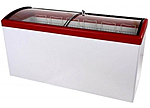 Ларь морозильный СНЕЖ МЛГ-600 с  гнутым стеклом, пластиковая окантовка красного цвета