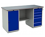 Верстак двухтумбовый ПРОМЕТ (тумба с дверцей и тумба с 5 ящиками), столешница стальной лист, нагрузка на рабочую поверхность 1250 кг
